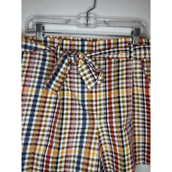 LOFT NEW Paper Bag Waist Seersucker Plaid Shorts Womens L Colorful Pockets Belt - Picture 3 of 6